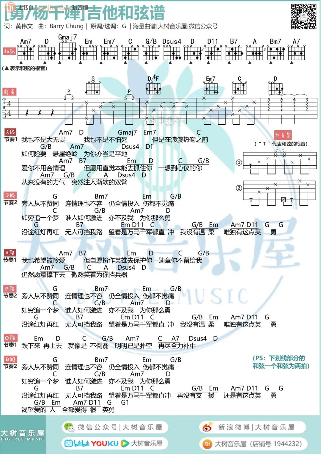 杨千嬅勇》吉他谱_超原版G调六线谱_吉他弹唱视频教学_杨千嬅