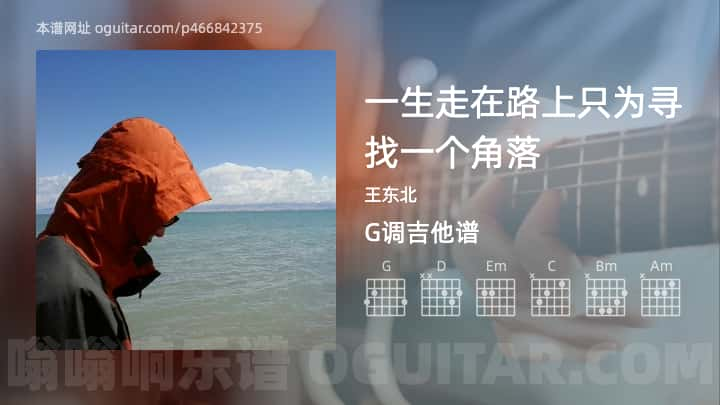 《一生走在路上只为寻找一个角落》吉他谱,简单G调弹唱教学,原版王东北歌曲,3张六线指弹简谱图