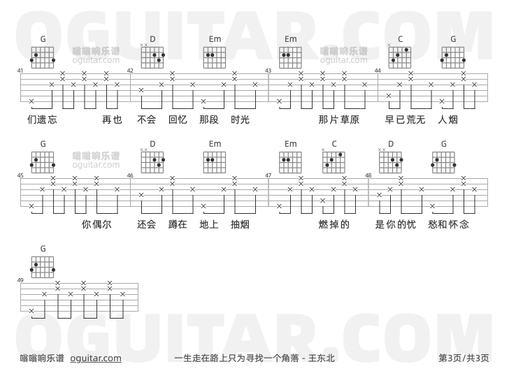 一生走在路上只为寻找一个角落 王东北 吉他谱第3页