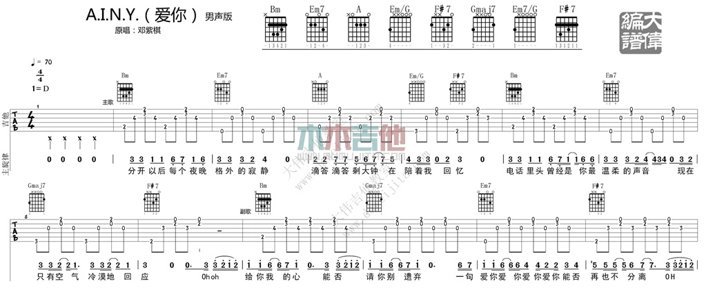 A.I.N.Y.爱你(吉他谱)_D调原版六线谱_大伟吉他_邓紫棋