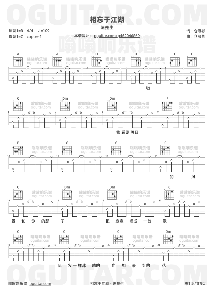 相忘于江湖 陈楚生 吉他谱第1页