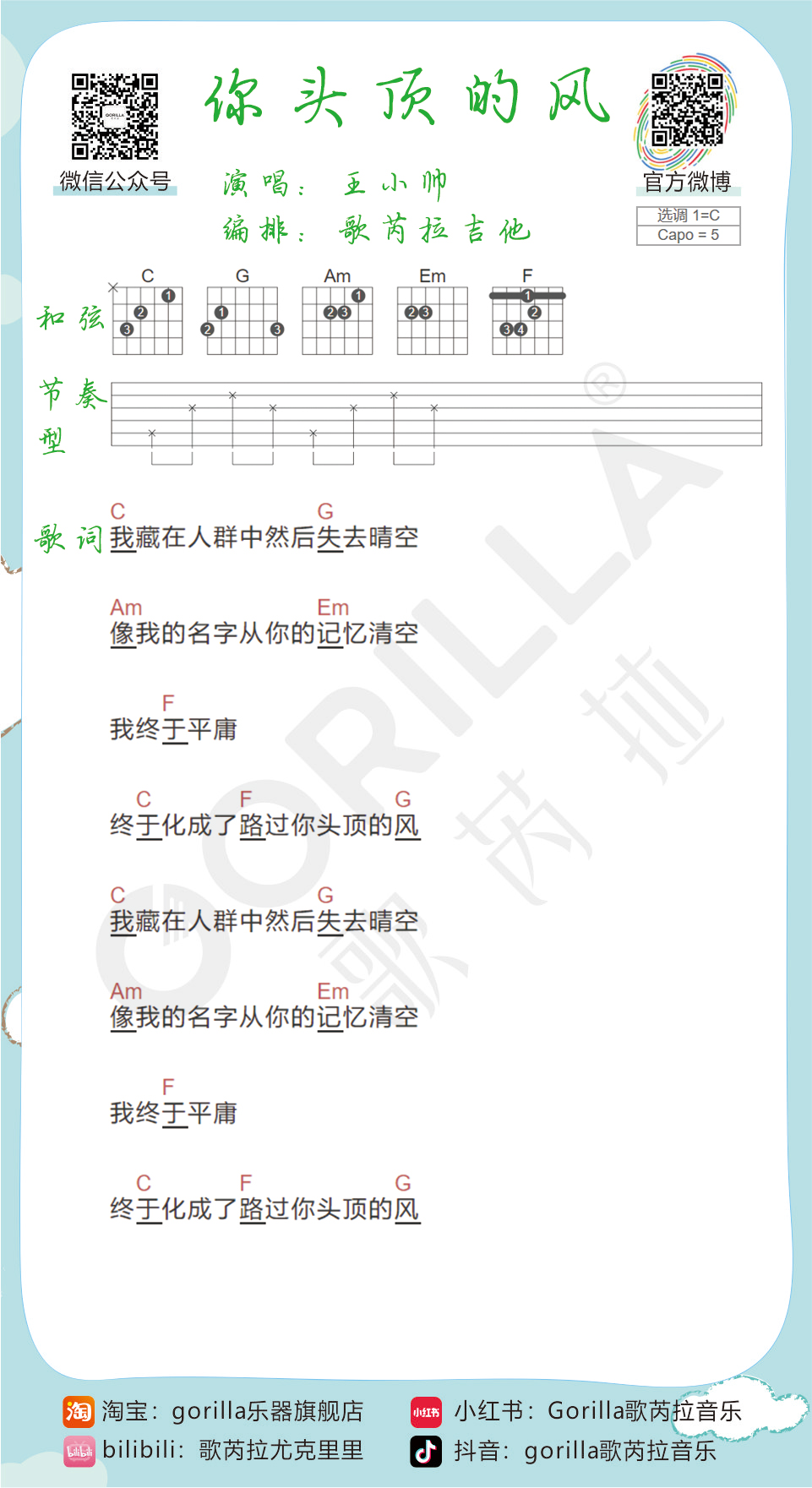 你头顶的风吉他谱,原版王小帅歌曲,简单C调弹唱教学,六线谱指弹简谱1张图