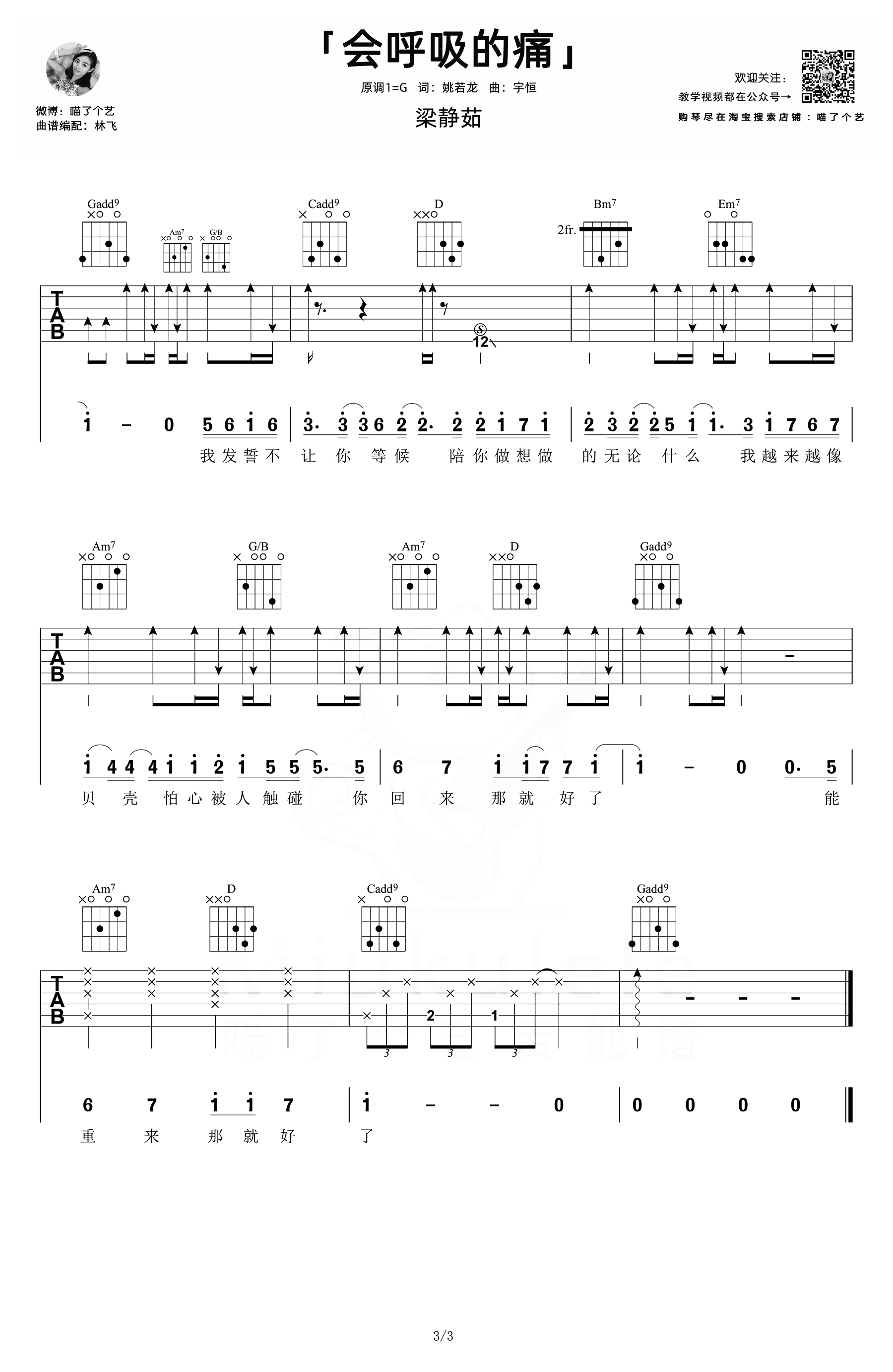 会呼吸的痛吉他谱_梁静茹_G调六线谱_吉他弹唱教学