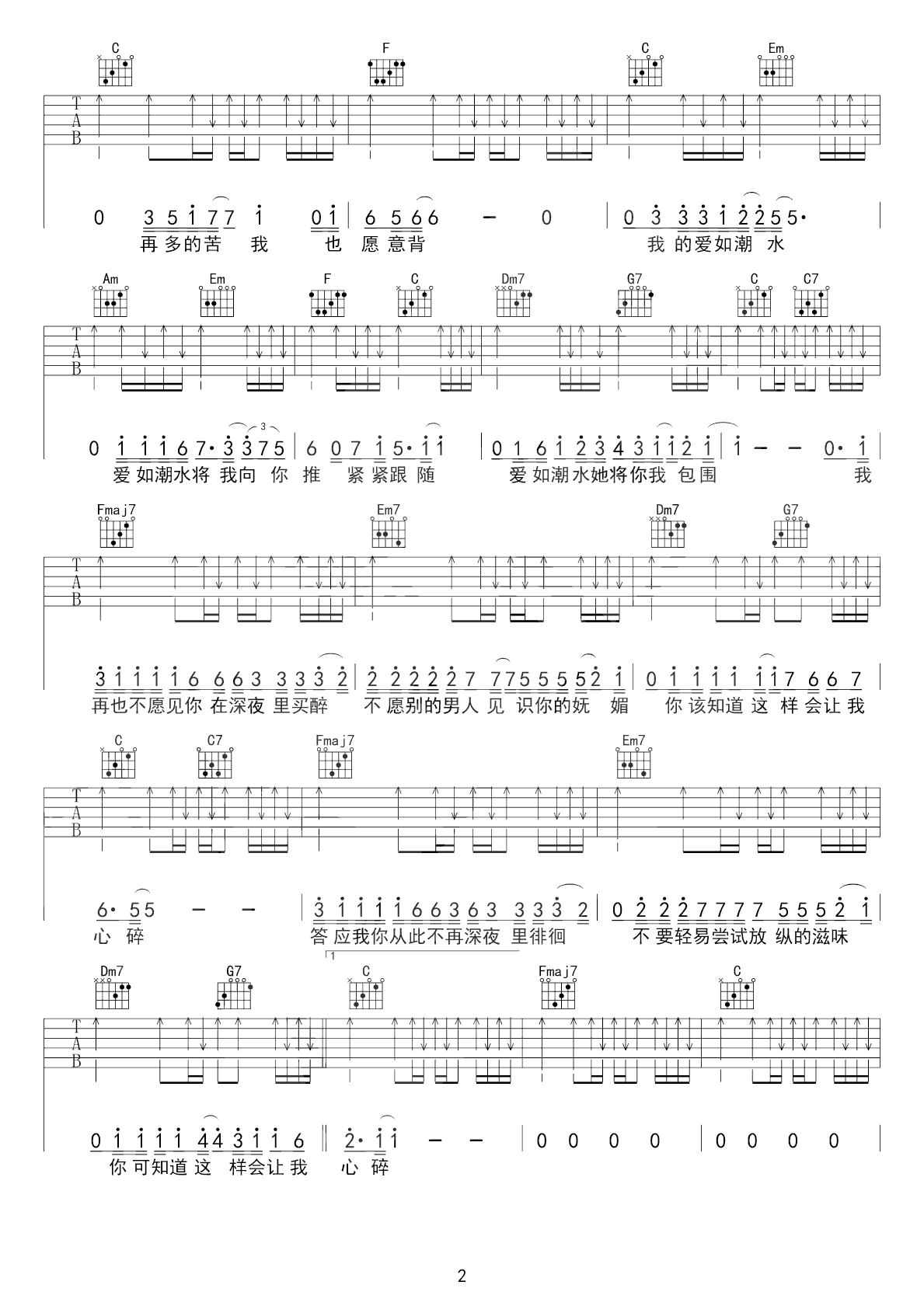 张信哲《爱如潮水吉他谱》 C调原版六线谱