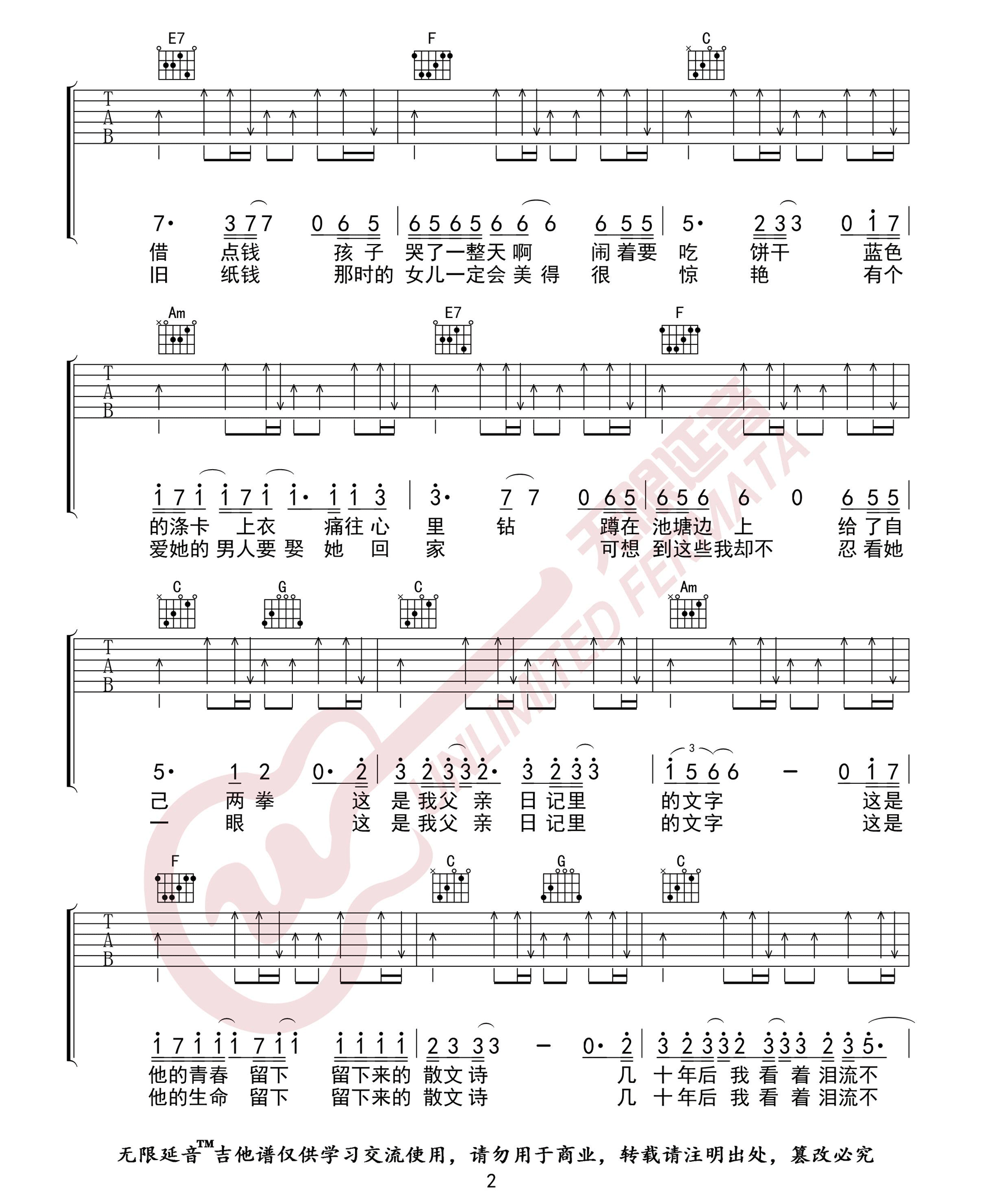 许飞《父亲写的散文诗吉他谱》 C调原版六线谱