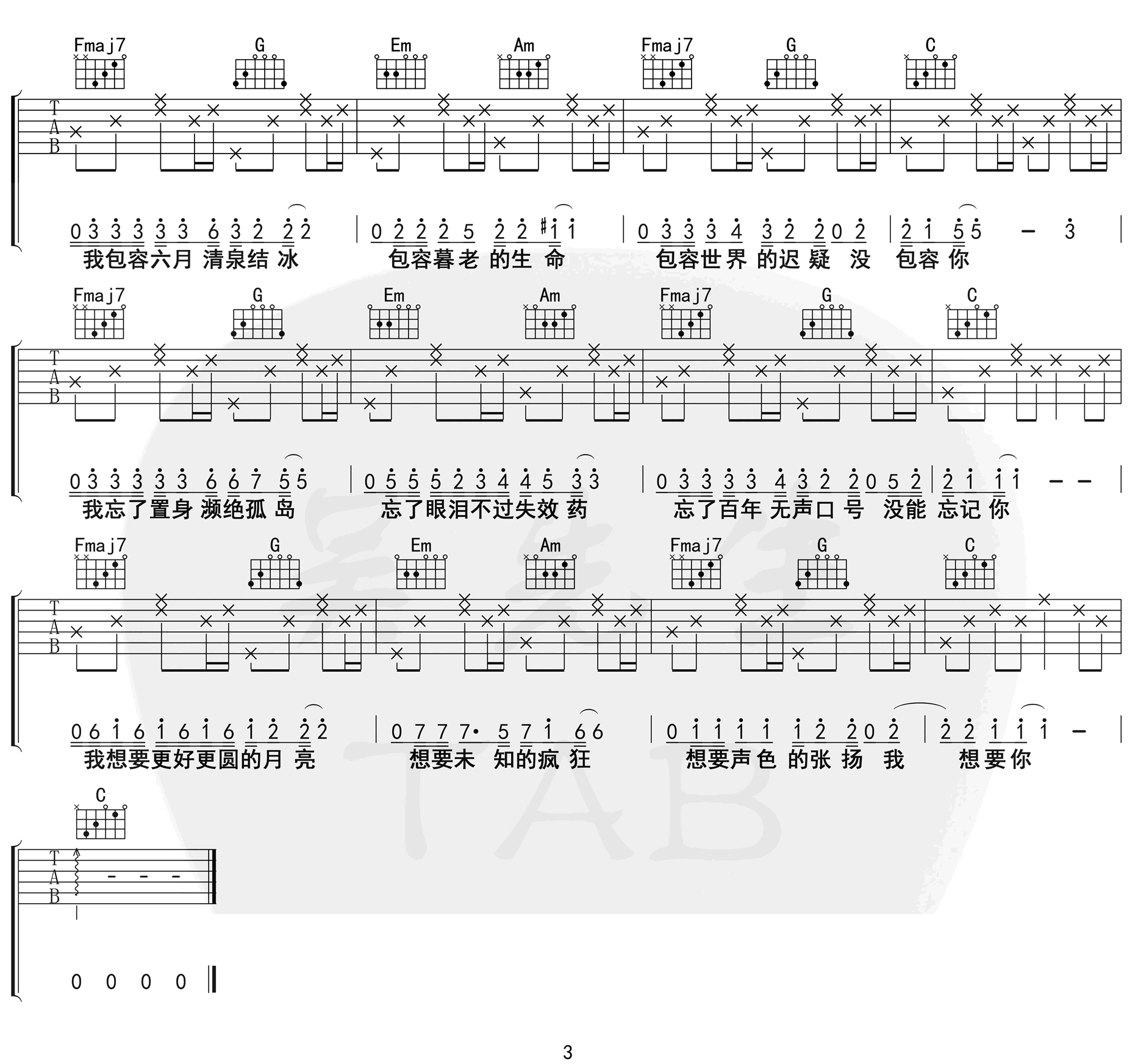 陈粒《奇妙能力歌吉他谱》 C调原版六线谱
