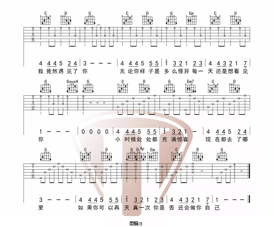 ，这首歌曲的原调为G调，这里曲谱采用了G调指法进行编配，《无论你多怪异我还是会喜欢你吉他谱》 G调原版六线谱