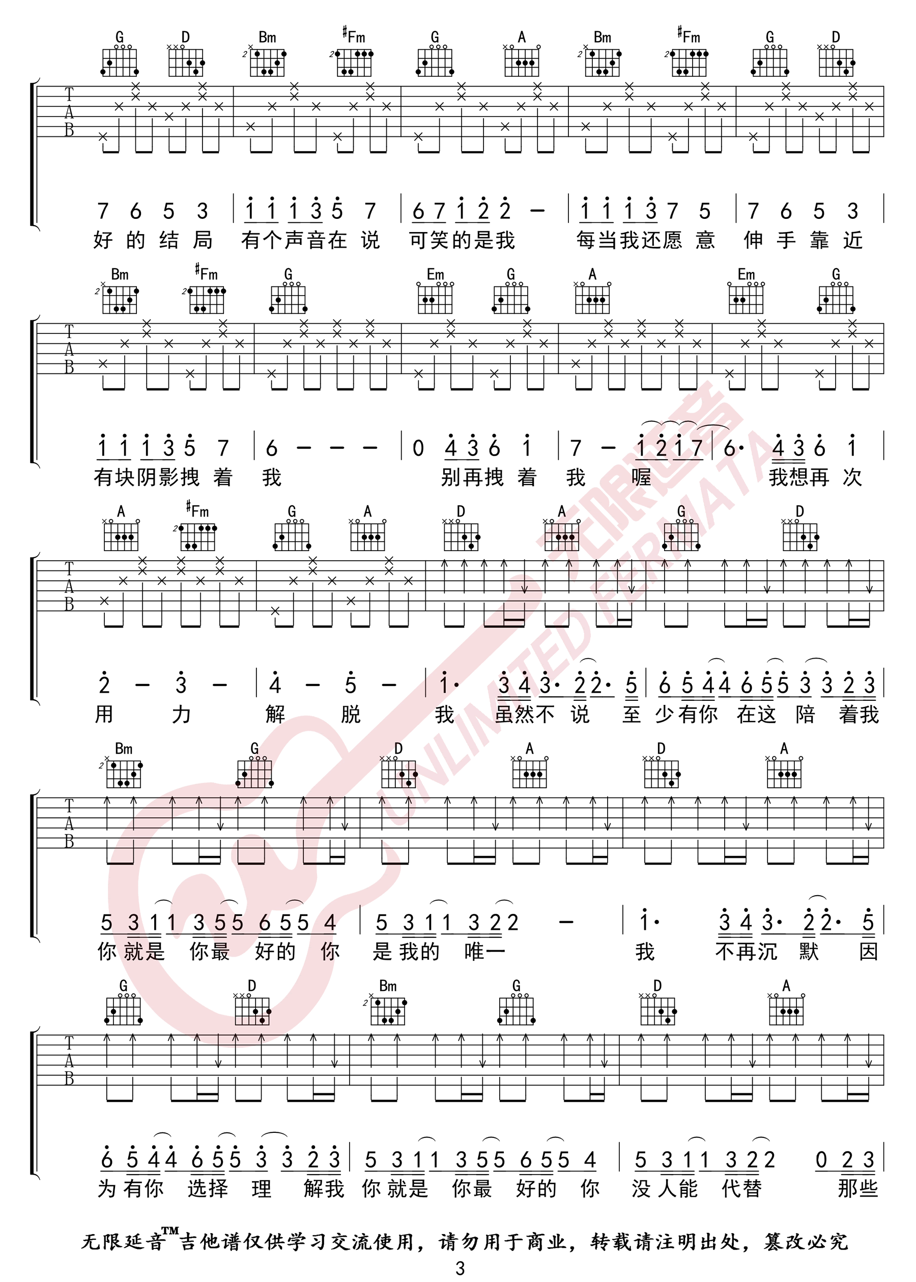 华晨宇《与火星的孩子对话吉他谱》 D调原版六线谱