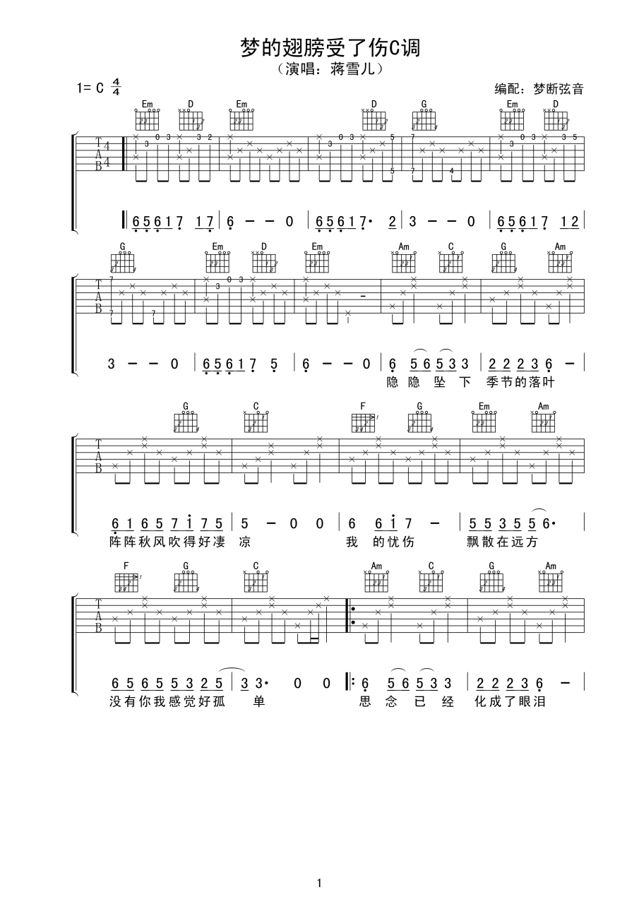 蒋雪儿梦的翅膀受了伤吉他谱,简单C调原版弹唱曲谱,蒋雪儿高清六线谱简谱