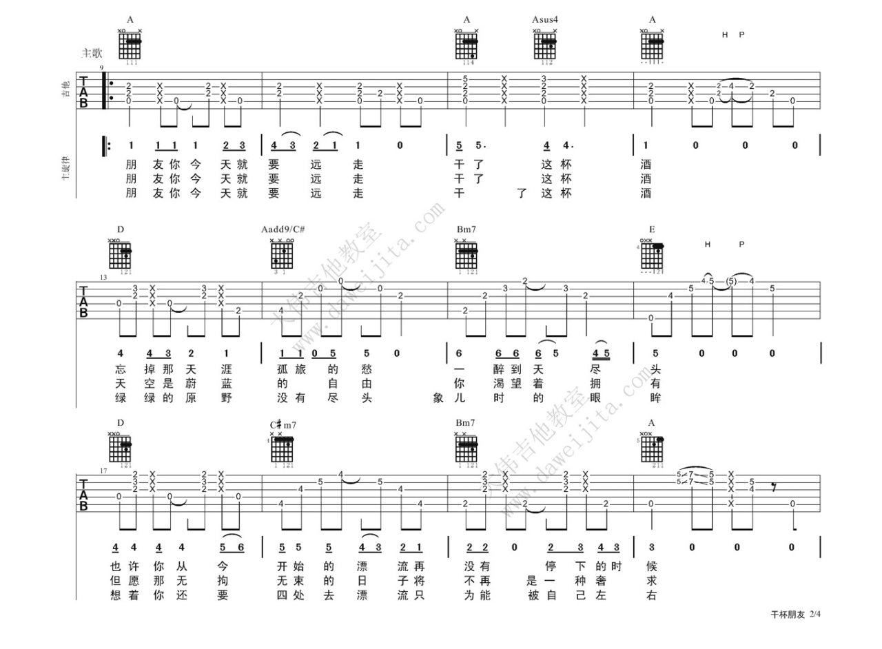 田震《干杯朋友》吉他谱_男生版