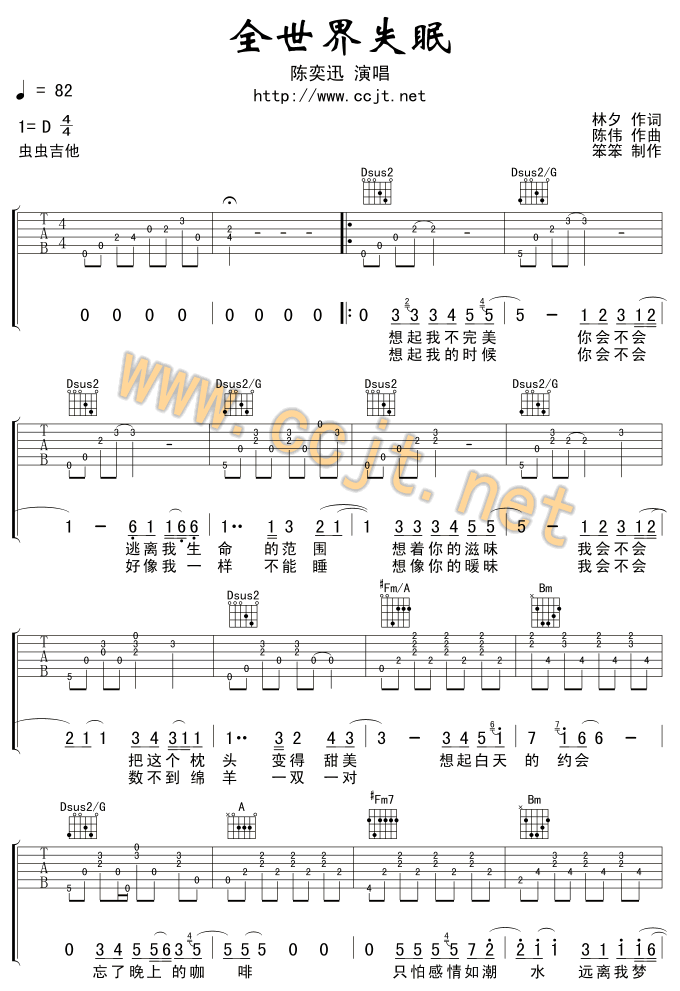 全世界失眠吉他谱,原版歌曲,简单超简单弹唱教学,六线谱指弹简谱4张图