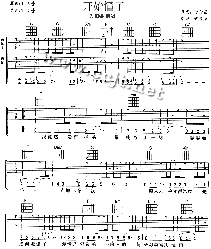 开始懂了吉他谱,原版歌曲,简单C调弹唱教学,六线谱指弹简谱3张图