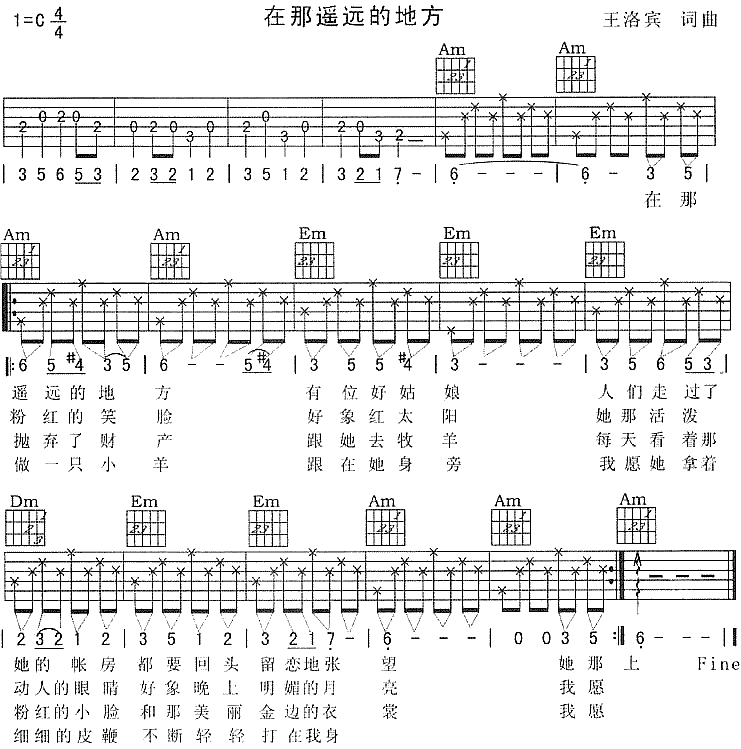 在那遥远的地方吉他谱,原版歌曲,简单简单版弹唱教学,六线谱指弹简谱1张图