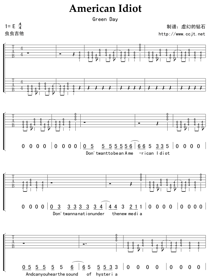 AmericanIdiot吉他谱,原版歌曲,简单E调弹唱教学,六线谱指弹简谱7张图