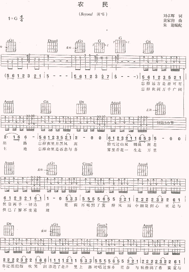 农民吉他谱,原版歌曲,简单G调弹唱教学,六线谱指弹简谱2张图