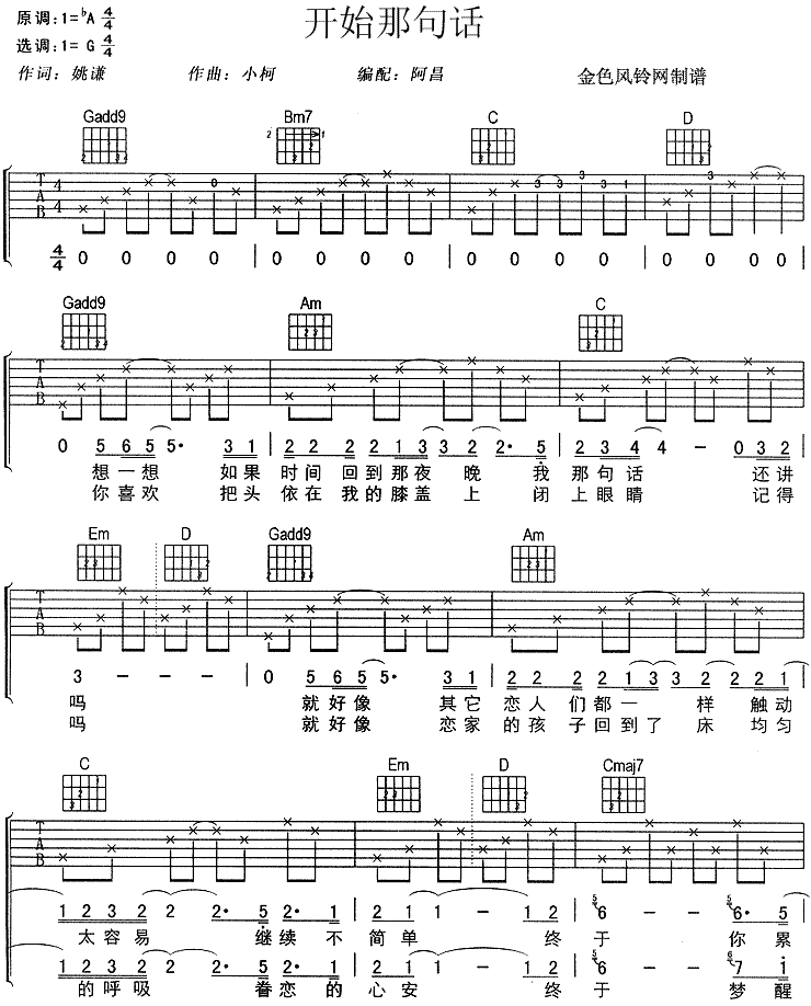 开始那句话吉他谱,原版歌曲,简单A调弹唱教学,六线谱指弹简谱3张图