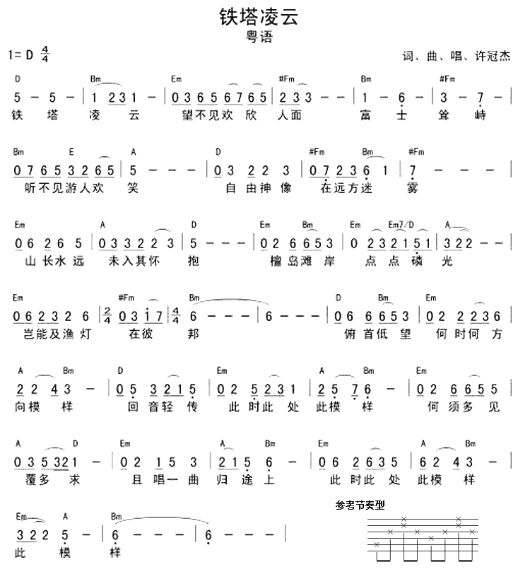 铁塔凌云吉他谱,原版歌曲,简单D调弹唱教学,六线谱指弹简谱1张图