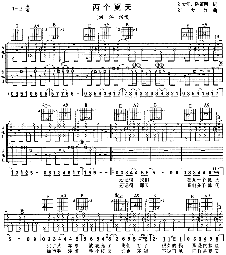 两个夏天吉他谱,原版歌曲,简单E调弹唱教学,六线谱指弹简谱3张图