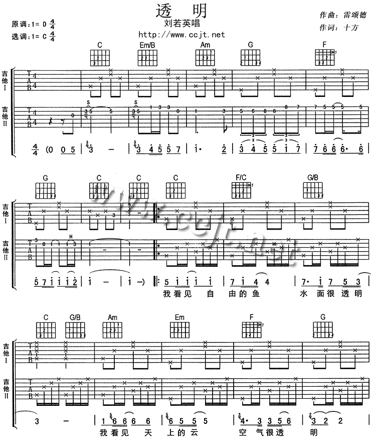 透明吉他谱,原版歌曲,简单D调弹唱教学,六线谱指弹简谱3张图