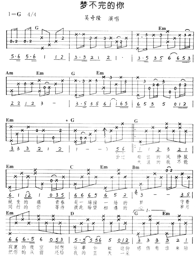 梦不完的你吉他谱,原版歌曲,简单G调弹唱教学,六线谱指弹简谱2张图