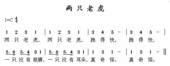 两只老虎吉他谱,原版歌曲,简单C调弹唱教学,六线谱指弹简谱1张图