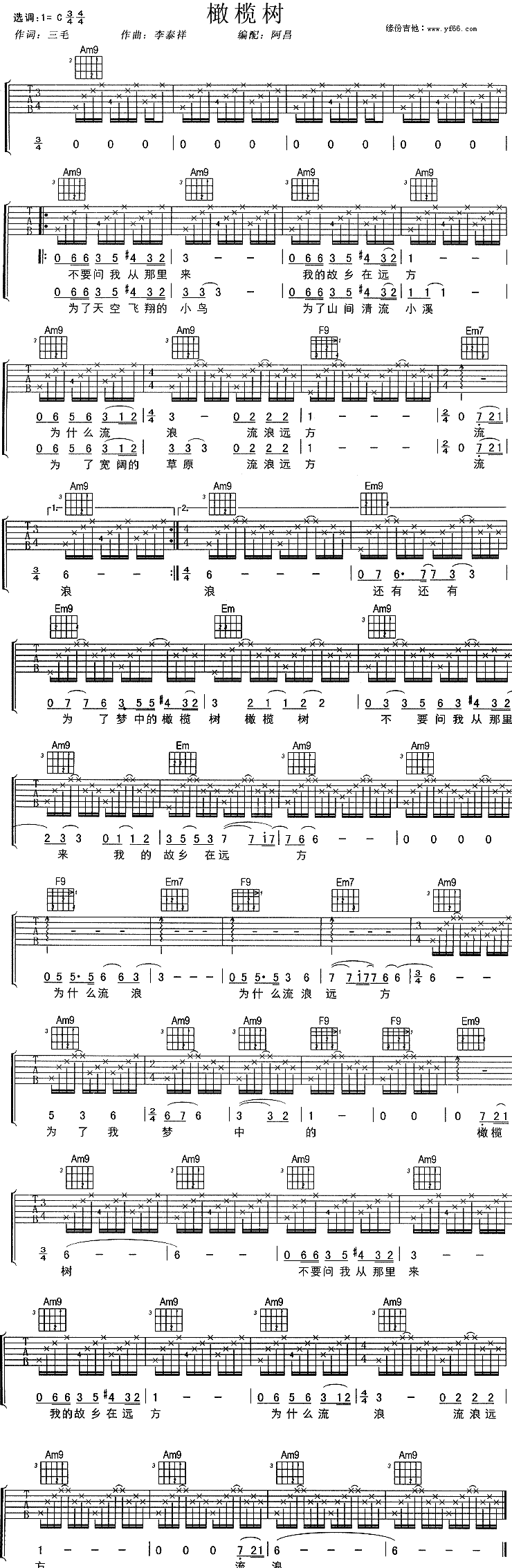 橄榄树吉他谱,简单C调原版指弹曲谱,孙燕姿高清流行弹唱六线乐谱