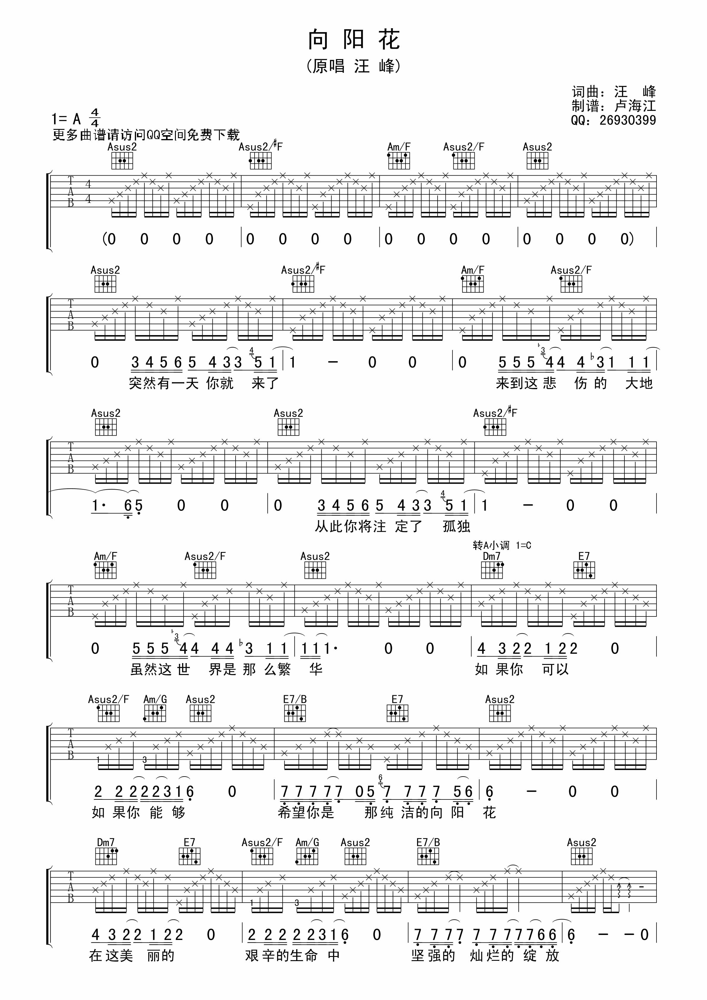 汪峰 向阳花|吉他谱