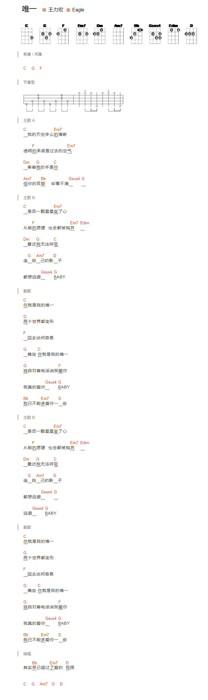 唯一吉他谱,简单C调原版指弹曲谱,王力宏高清流行弹唱六线乐谱