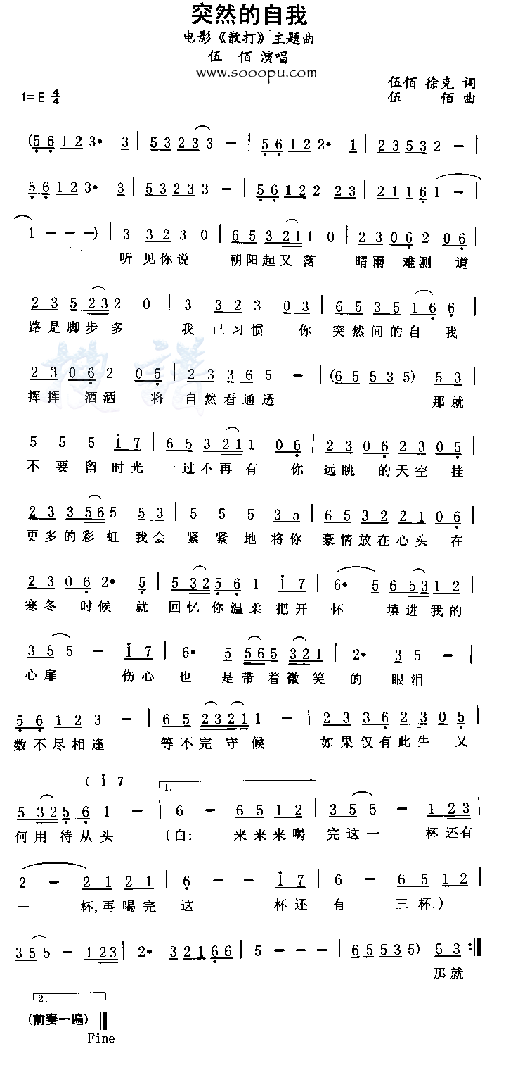 突然的自我吉他谱,简单C调原版指弹曲谱,伍佰高清流行弹唱六线乐谱