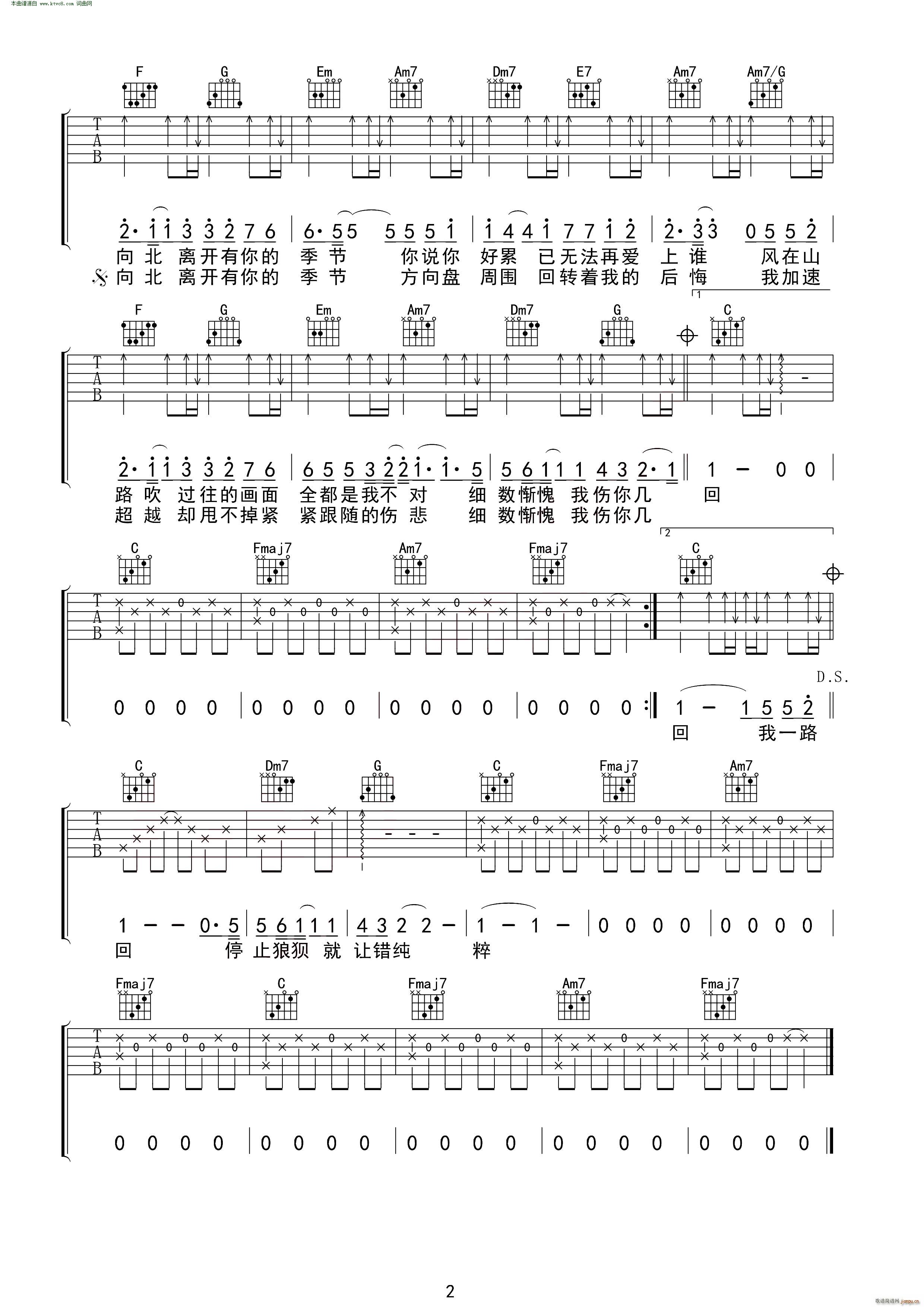 《一路向北吉他谱》_手机铃声_F调 图二