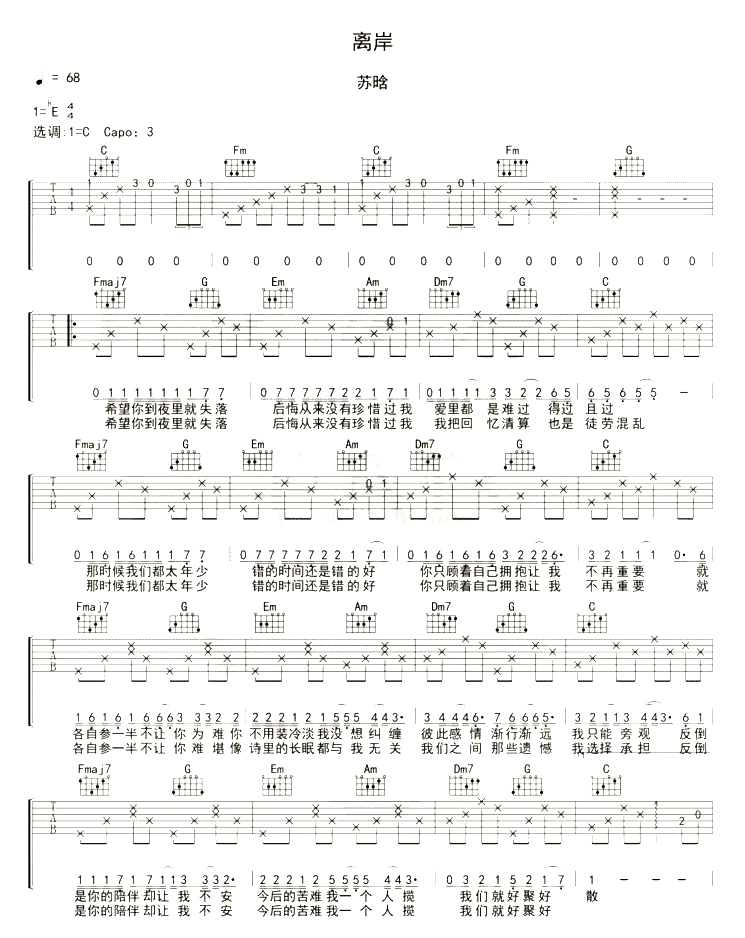 离岸吉他谱,原版歌曲,简单E调弹唱教学,六线谱指弹简谱2张图