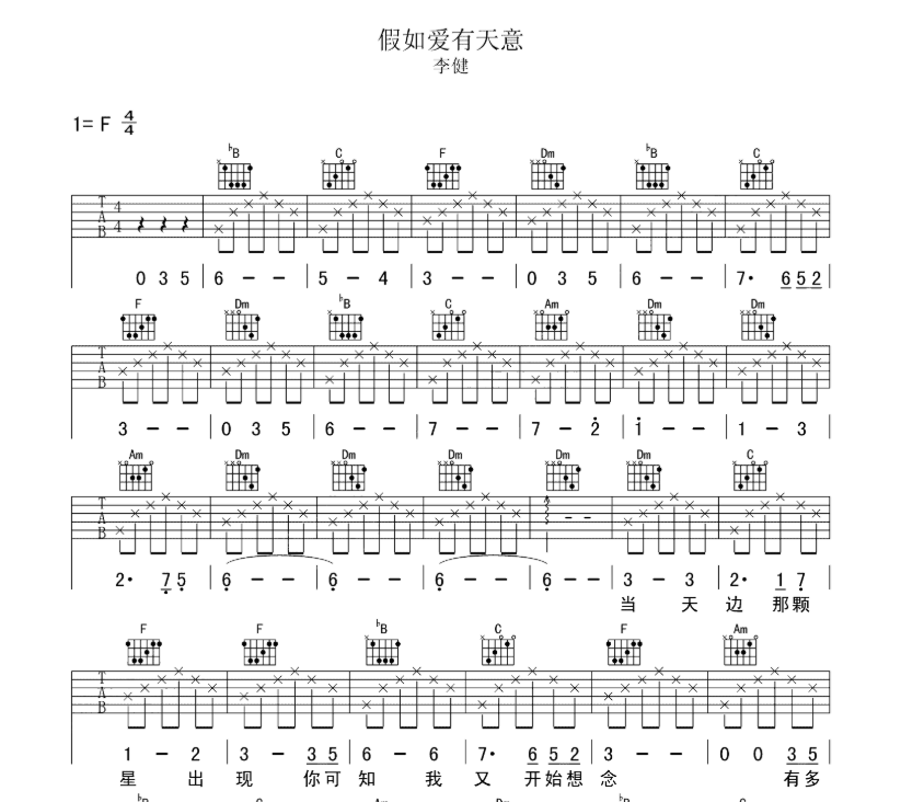 假如爱有天意吉他谱,原版歌曲,简单F调弹唱教学,六线谱指弹简谱6张图