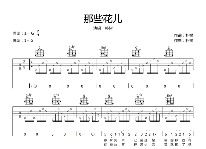 那些花儿吉他谱,原版歌曲,简单G调弹唱教学,六线谱指弹简谱6张图