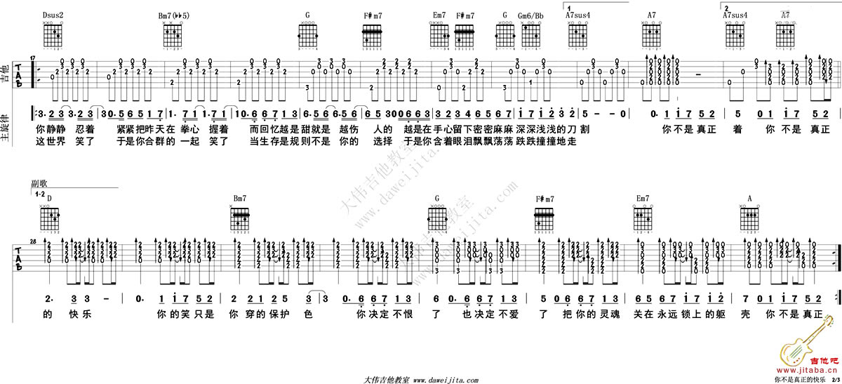 你不是真正的快乐吉他谱_邓紫棋六线谱 吉他谱