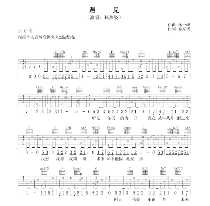 遇见吉他谱,原版歌曲,简单C调弹唱教学,六线谱指弹简谱3张图