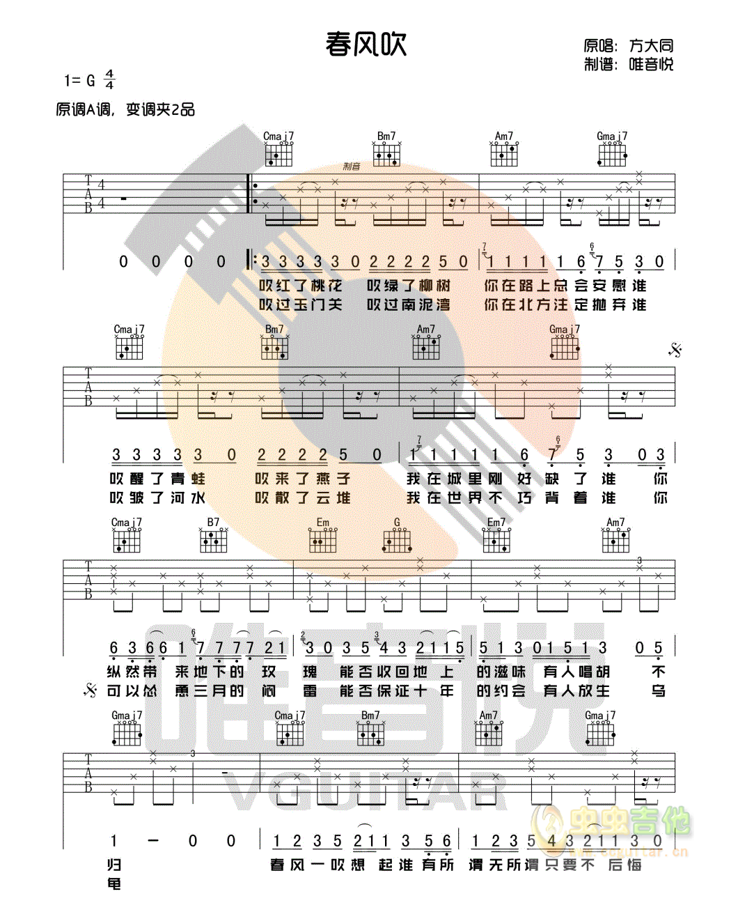 春风吹吉他谱,原版歌曲,简单方大同弹唱教学,六线谱指弹简谱2张图