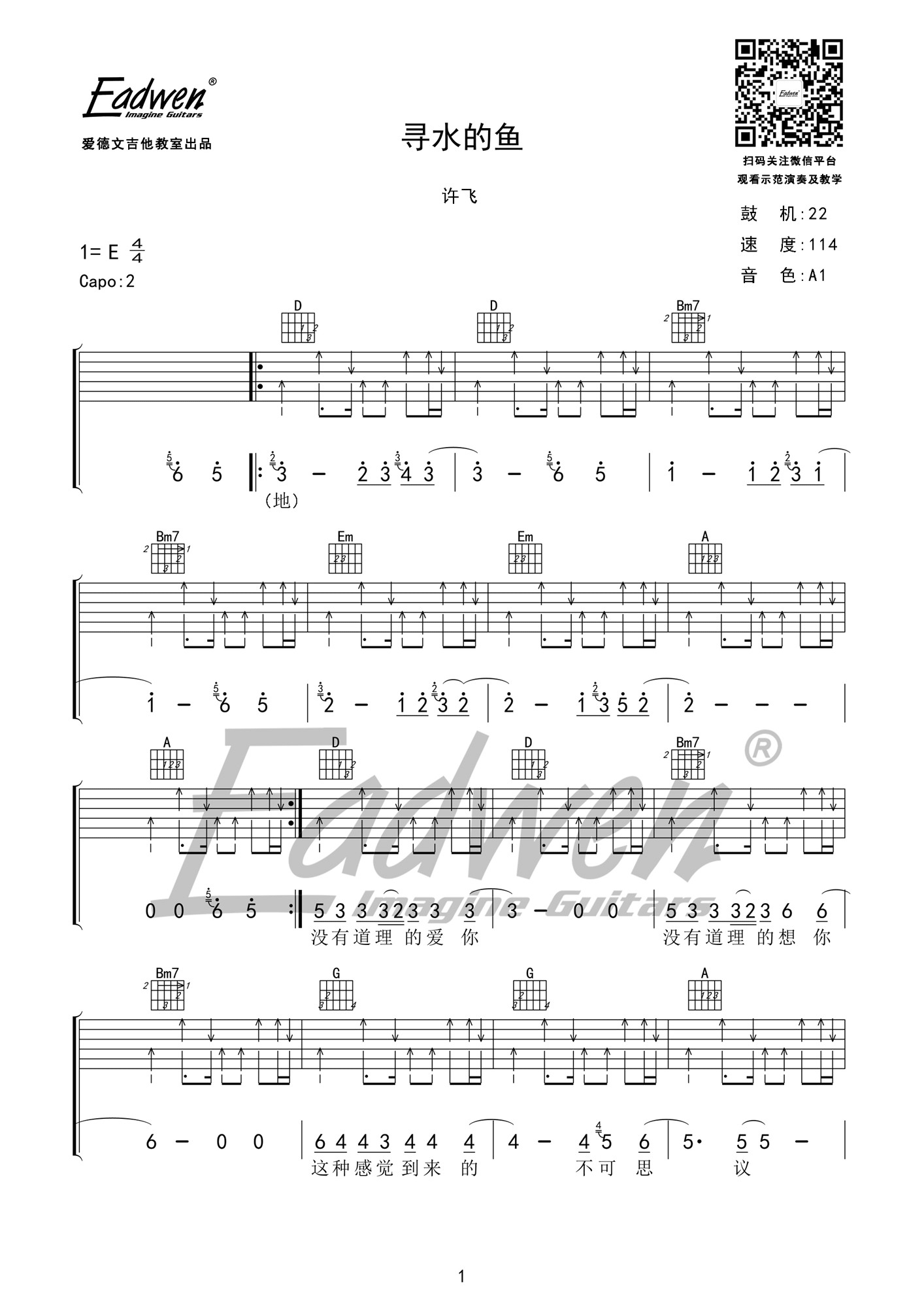 《寻水的鱼 许飞 D调高清谱老姚改编吉他谱》_群星_D调 图一