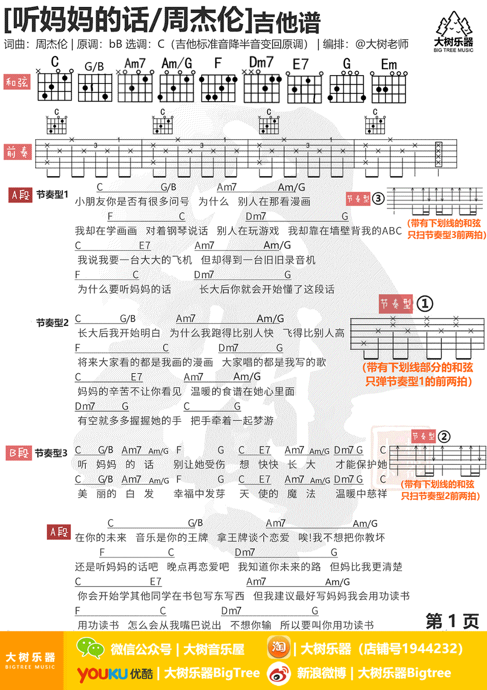 周杰伦听妈妈的话吉他谱,简单感谢原版指弹曲谱,周杰伦高清六线乐谱