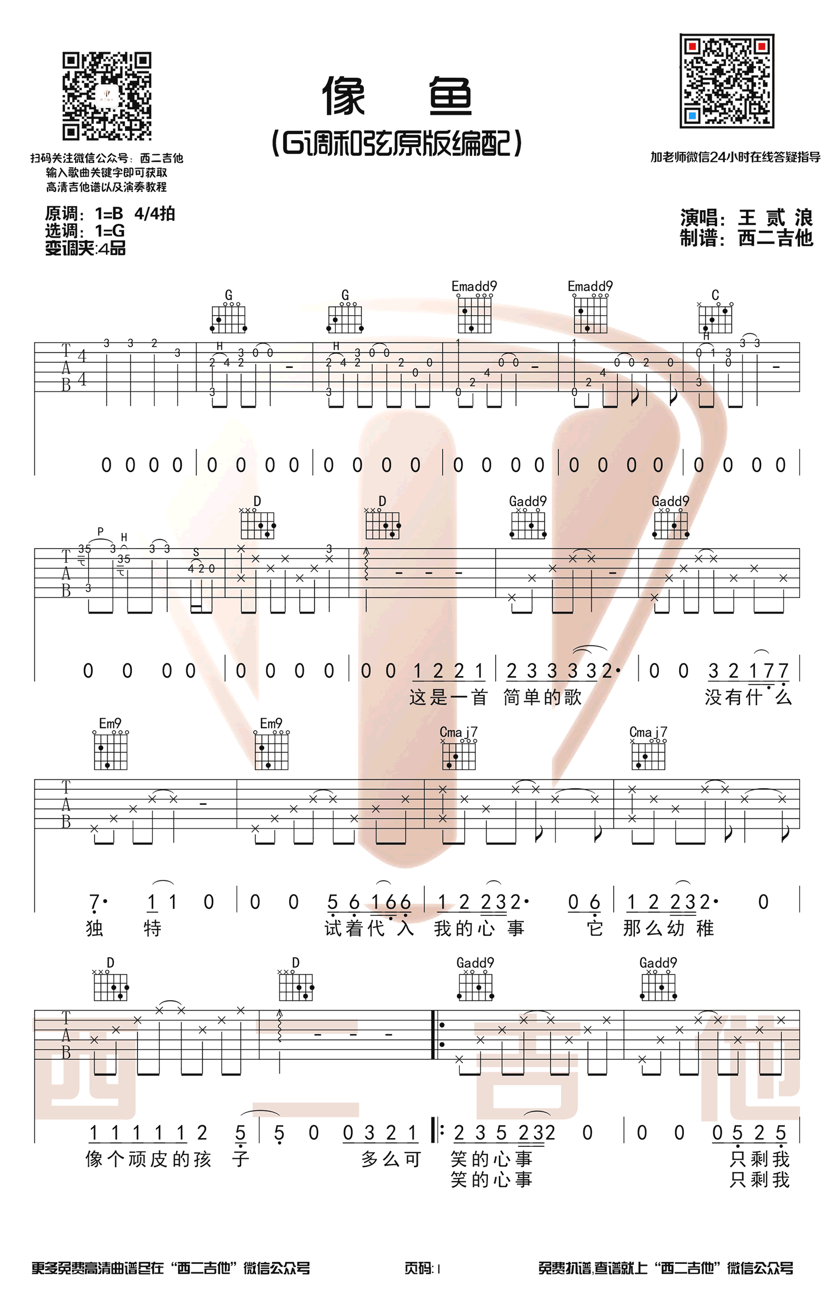 像鱼吉他谱王贰浪 G调原版-1