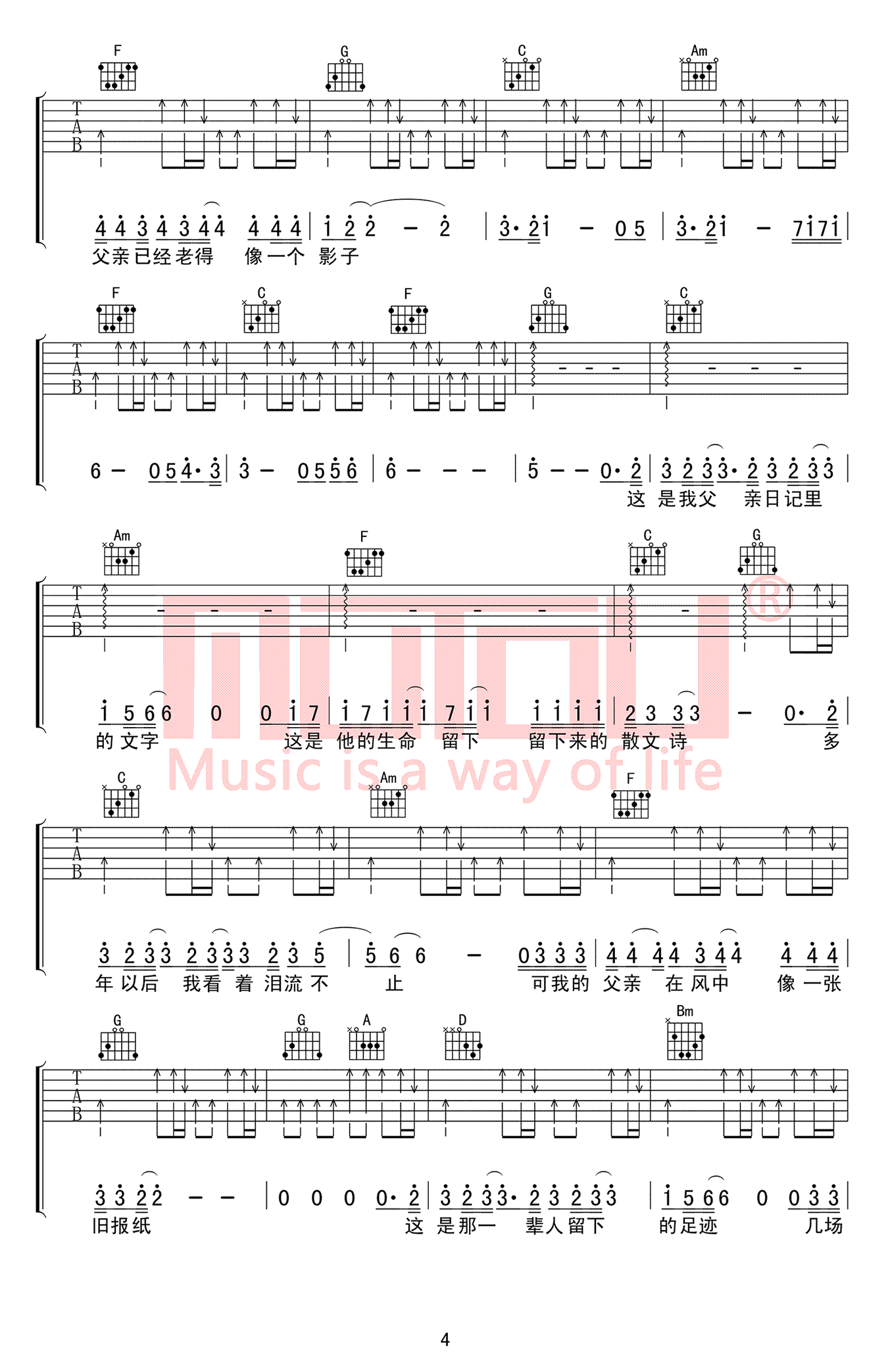 父亲写的散文诗吉他谱 男生版