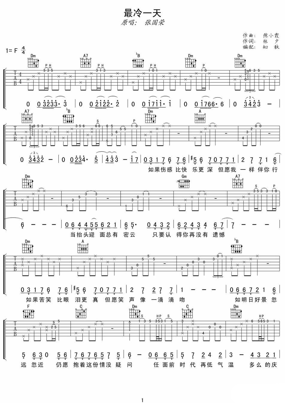 最冷一天吉他谱,原版歌曲,简单F调弹唱教学,六线谱指弹简谱1张图