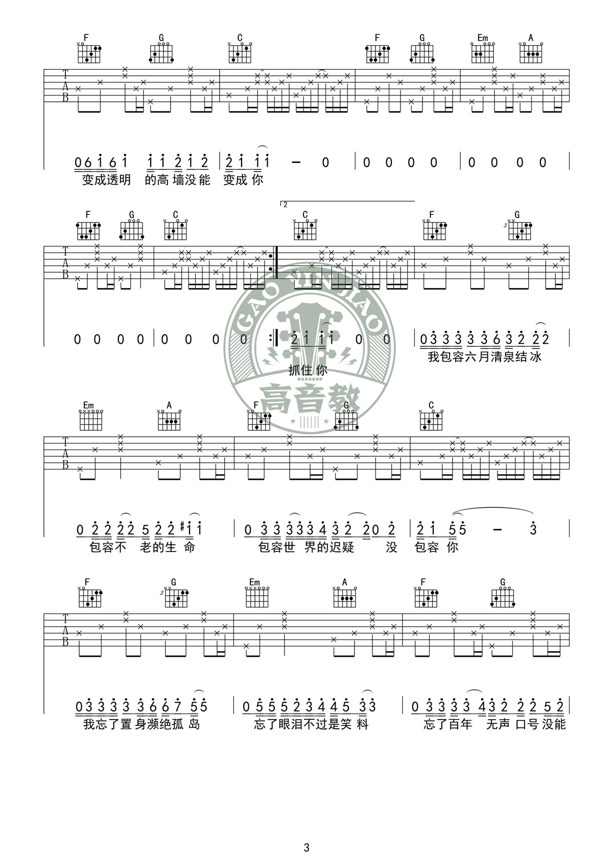 奇妙能力歌 C调标准版高清版 吉他谱