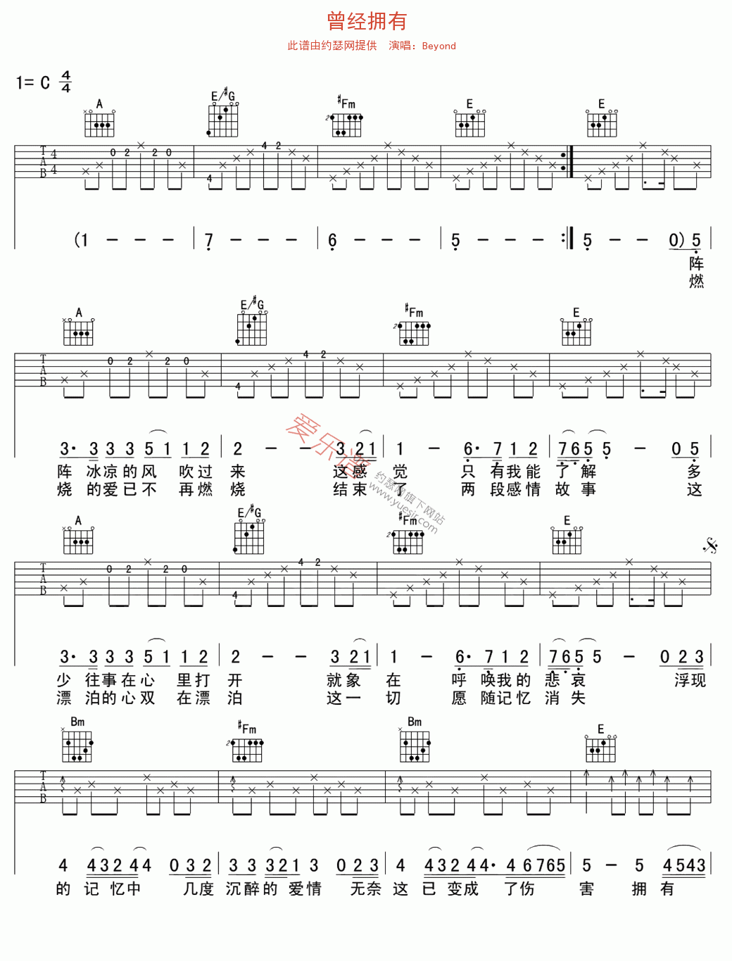 曾经拥有吉他谱,简单C调原版指弹曲谱,Beyond高清流行弹唱六线乐谱