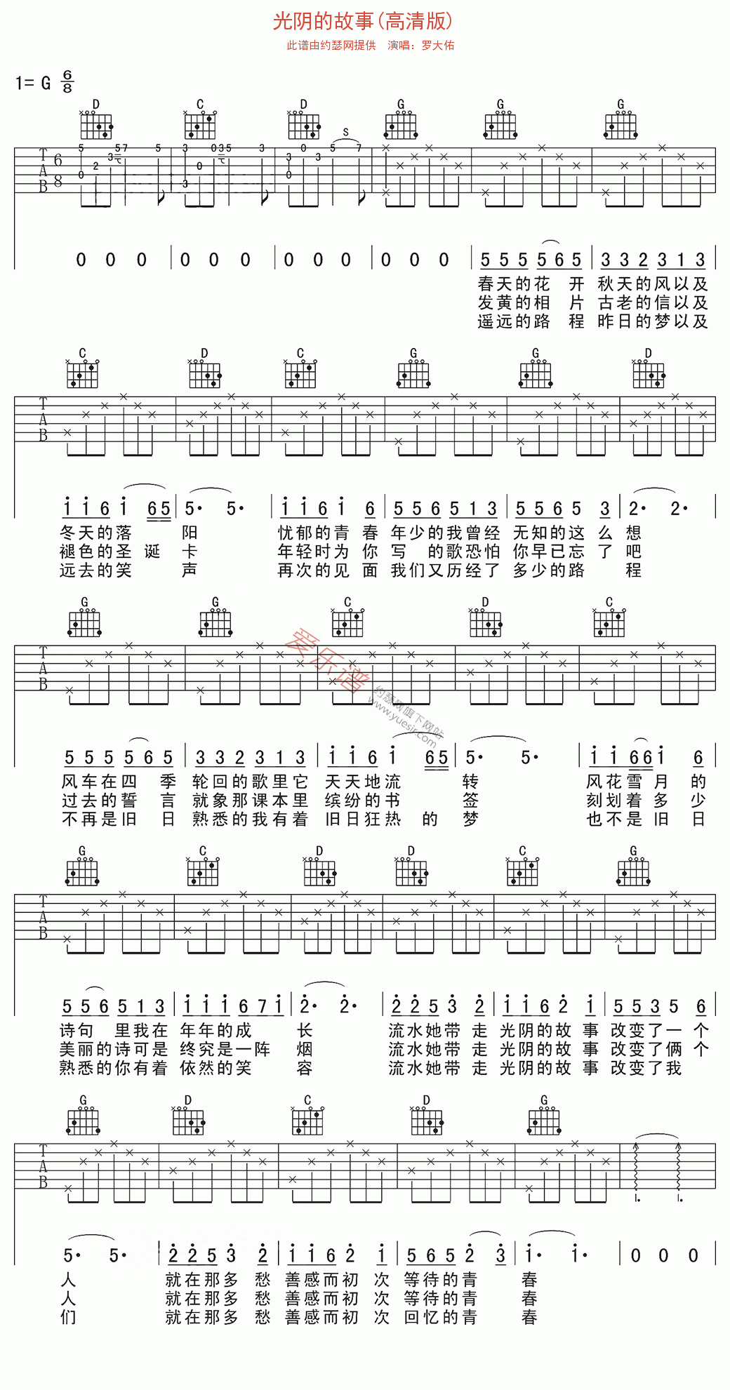 光阴的故事吉他谱,简单C调原版指弹曲谱,罗大佑高清流行弹唱高清版六线乐谱