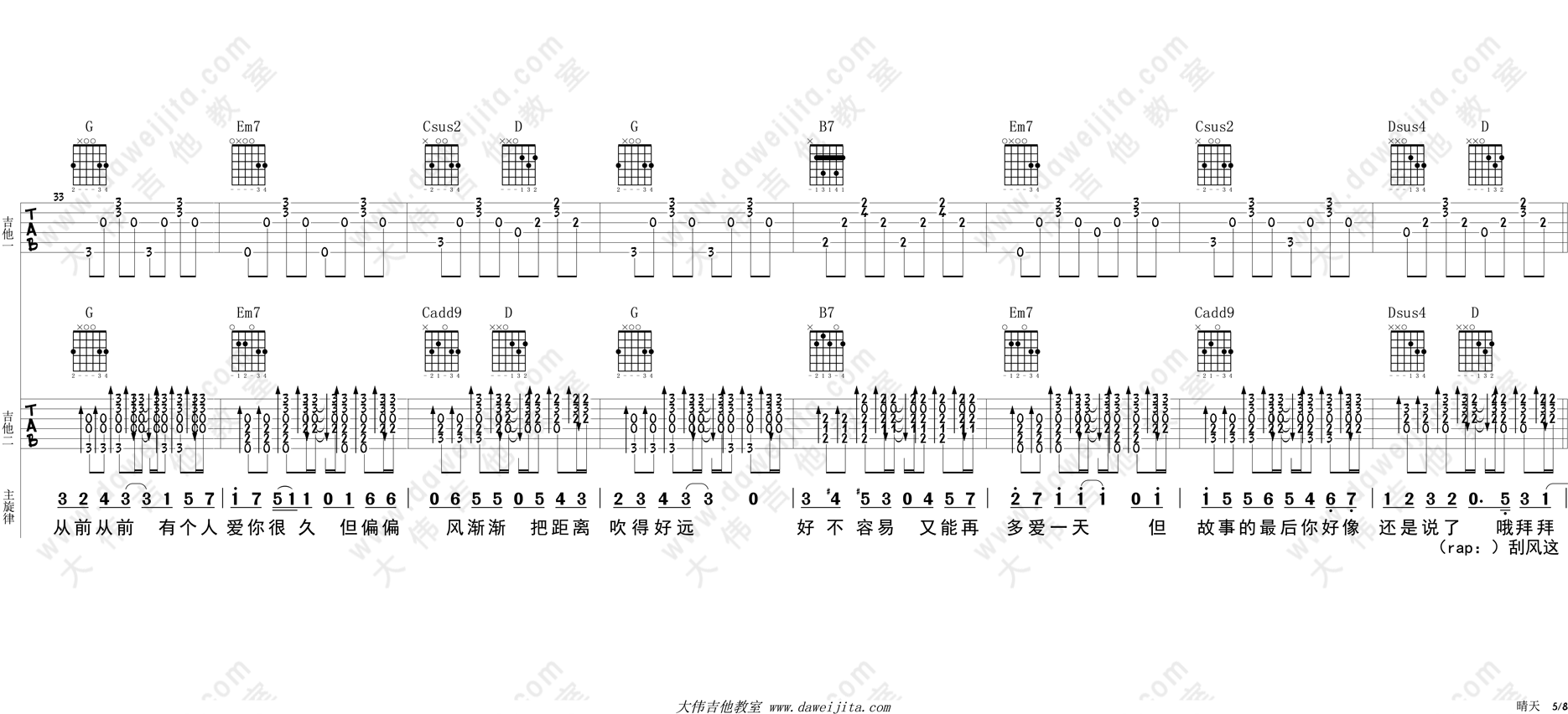 《晴天吉他谱》_周杰伦_G调 图5