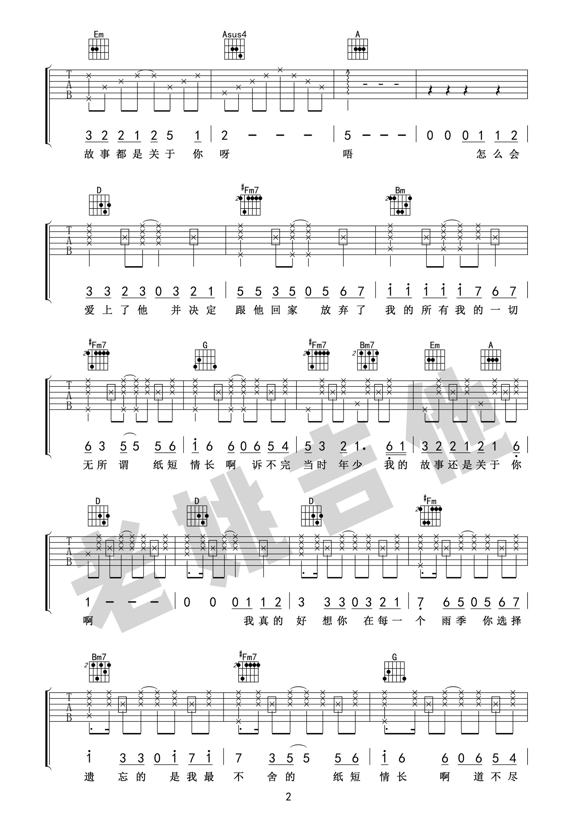 《纸短情长吉他谱》_烟把儿乐队_D调 图二