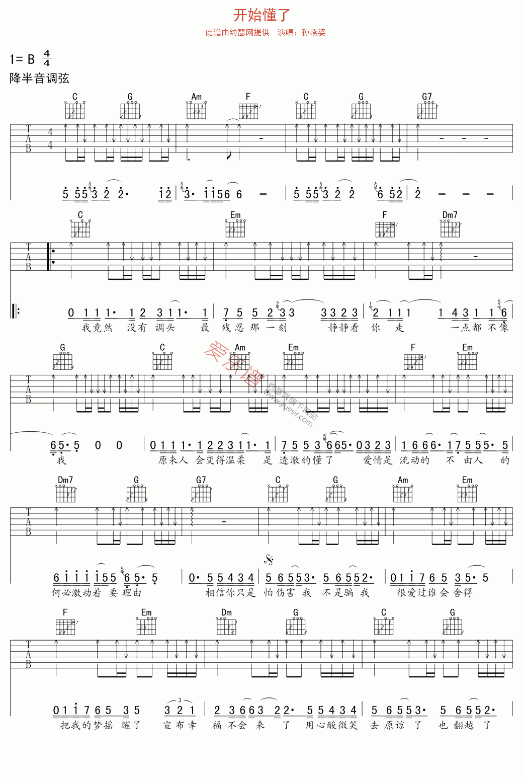 开始懂了吉他谱,简单C调原版指弹曲谱,孙燕姿高清流行弹唱六线乐谱