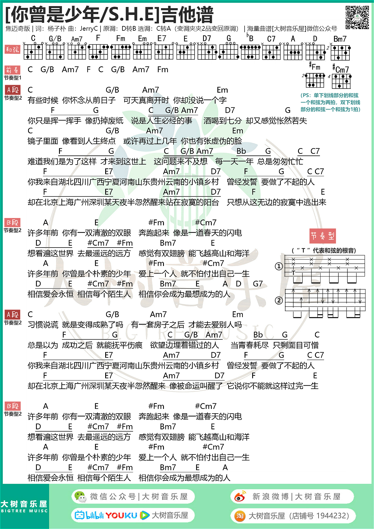 你曾是少年吉他谱,简单D调原版指弹曲谱,焦迈奇高清流行弹唱六线乐谱