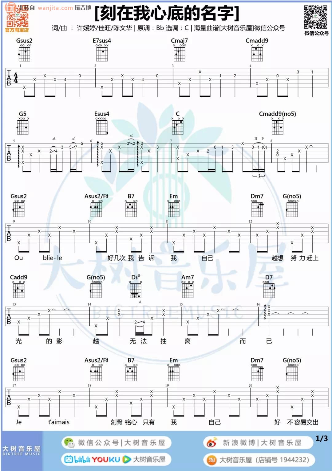 《刻在我心底的名字吉他谱》_卢广仲_C调 图二