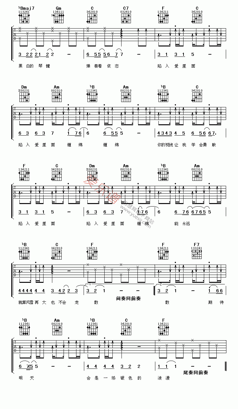 俞灏明、简美妍《陷入爱里面》 吉他谱